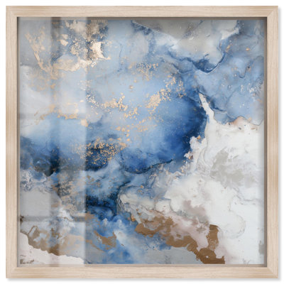 Azure Alchemy Shadowbox Print Blue Gold Wall Decor by Art Remedy, Blonde Frame, 20 x 20