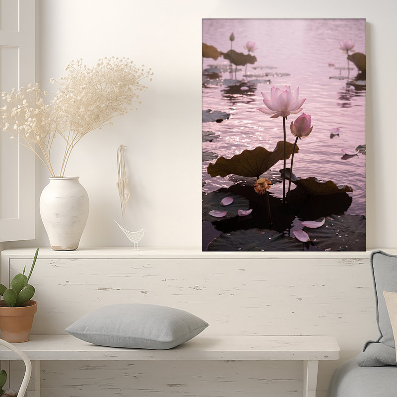 Art sur toile, fleurs de lotus rose et nénuphars, H 40 po x l 28 po