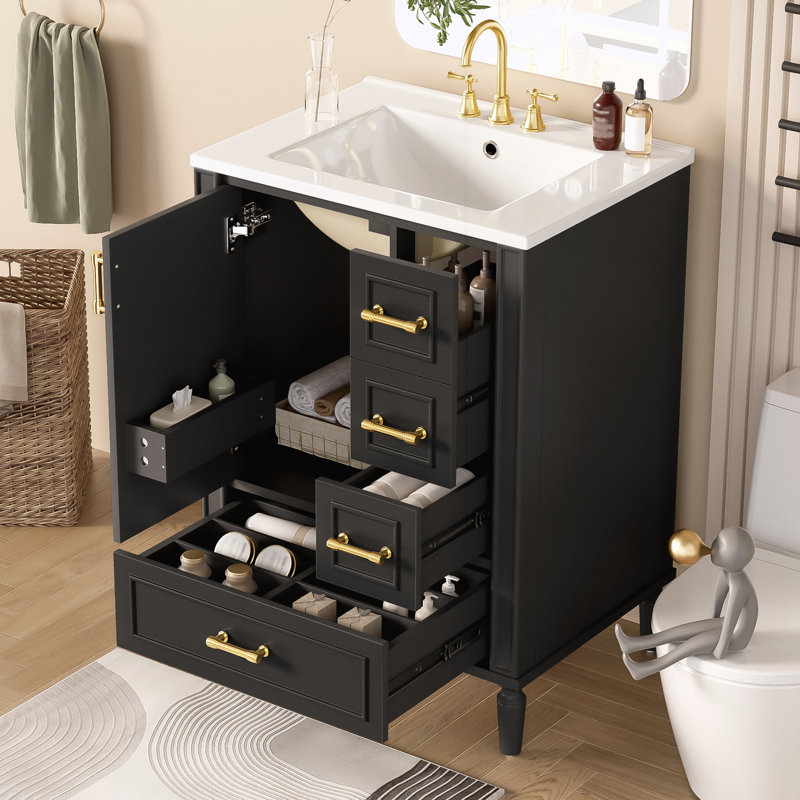 24" Modern Bathroom Vanity with Ceramic Sink, Black