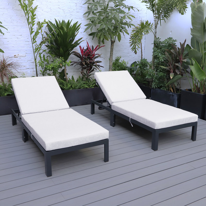 Chelsea Modern Black Aluminum Outdoor Chaise Lounge Set with Light Grey Cushions