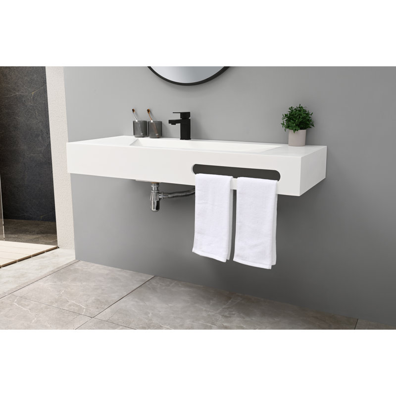 Meuble-lavabo flottant en résine de 40 po en forme de V, meuble-lavabo mural avec rangement ouvert et siphon en P, Beige
