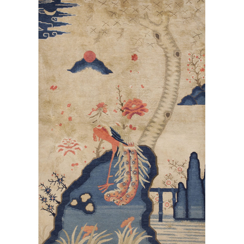Small Scenic Pictorial Antique Chinese Bird Design Baotou Area Rug