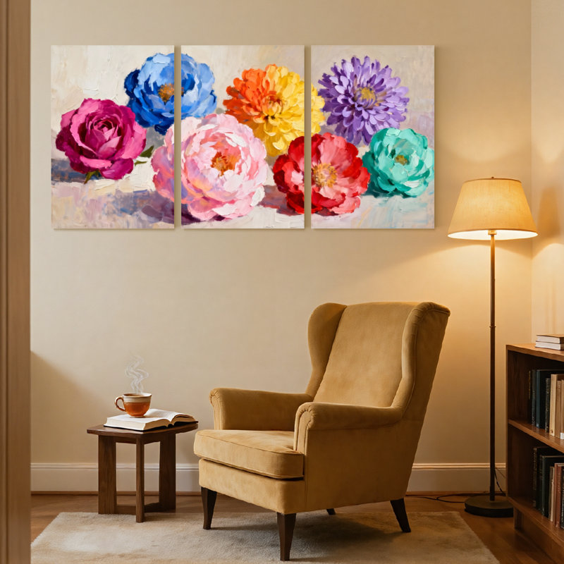 Plantes et fleurs, fleurs colorées sur toile, ensemble de 3 impressions sur toile, H 36 po x l 72 po