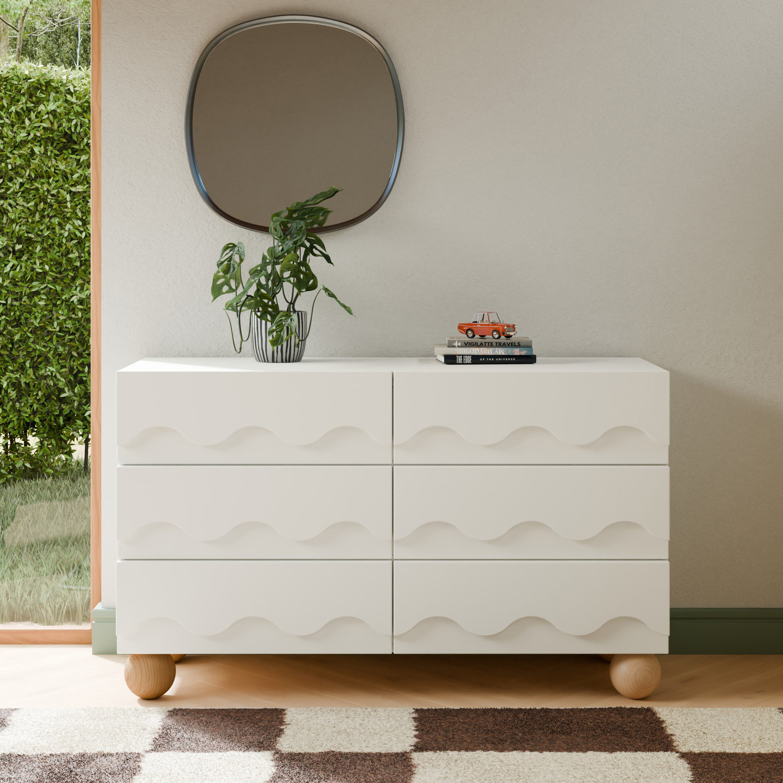Lido Wave 6-Drawer Wide Dresser, White/Honey