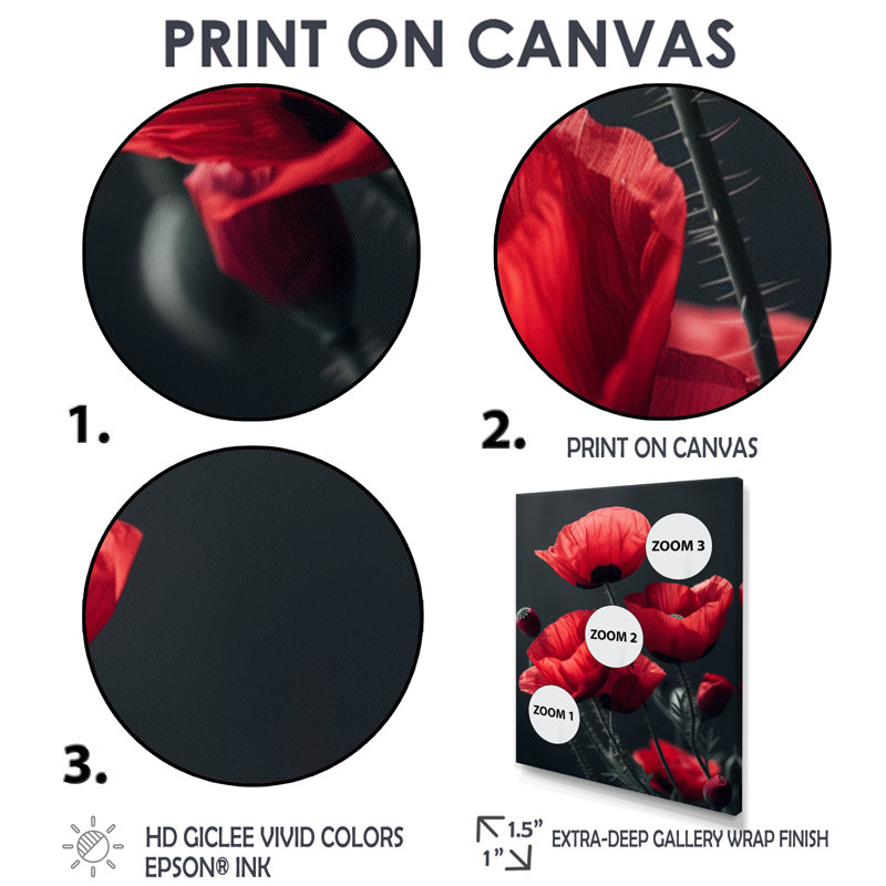 Rouge, noir, coquelicots, charme monochrome I - coquelicots, salon d'art mural, Toile tendue, H 32 po x l 24 po x P 1 po