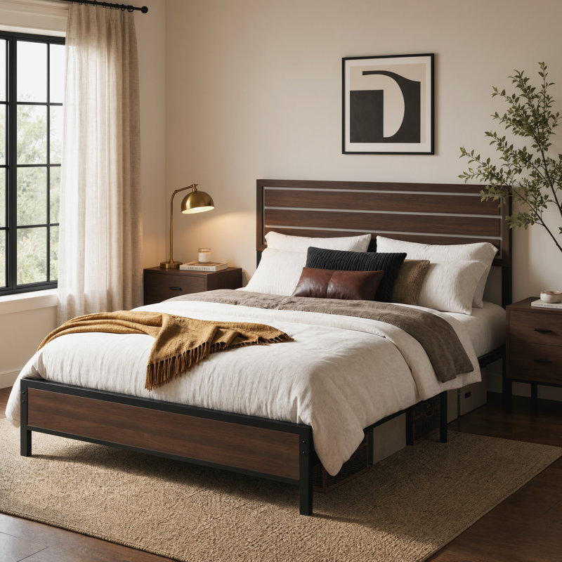 Structure de lit plateforme avec tête de lit plateforme, style rétro moderne Mid-Century, rangement sous le lit, support de lattes en métal durable