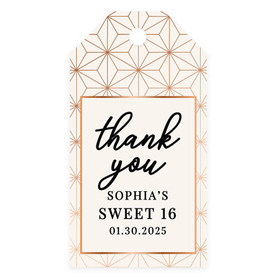 Étiquettes de cadeau personnalisables personnalisables Sweet 16 avec cordes, motif géométrique or rose pour décor de fête, paquet de 60