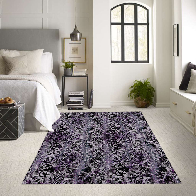 Tapis intérieur / extérieur rectangulaire en polyester tissé à la machine damassé noir / bleu marine
