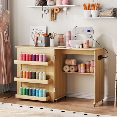 Folding Sewing Table Rolling Craft Station With Tri-Color Dimming Lights & Charging Station
