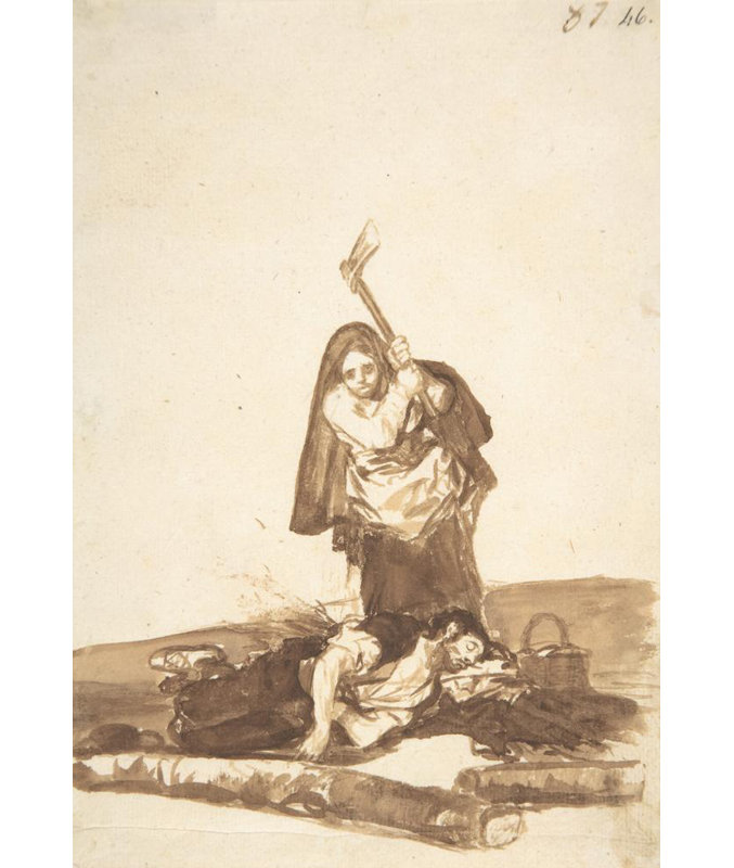 "Une femme sur le point d'attaquer un homme endormi avec une hache" par Francisco De Goya - Art mural sur toile tendue avec châssis