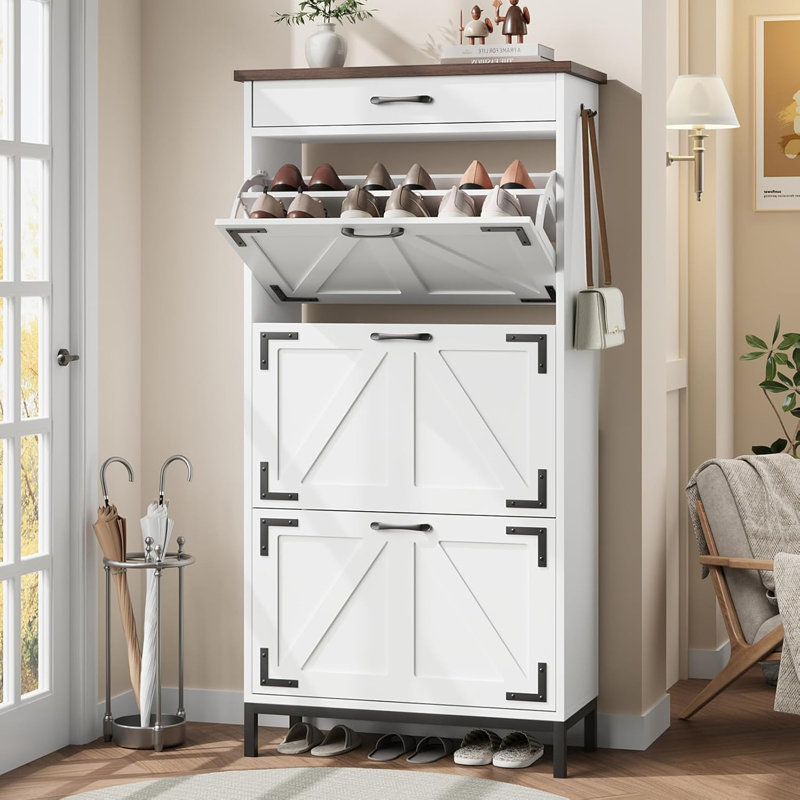 Shoe Cabinet Storage For Entryway Hidden Shoes Storage Cabinet With 2 Flip Drawers, Farmhouse Narrow Shoe Rack Cabinet Slim Free Standing Shoe Organizer For Door Entry, Foyer, Hallway, White