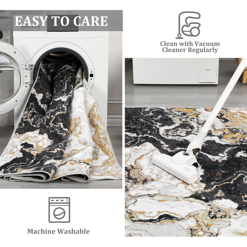 2'x8' Washable Abstract Marble Rug, Non-Slip Foldable Indoor Carpet for Hallway Entryway, Black, Runner 2' x 8', Black