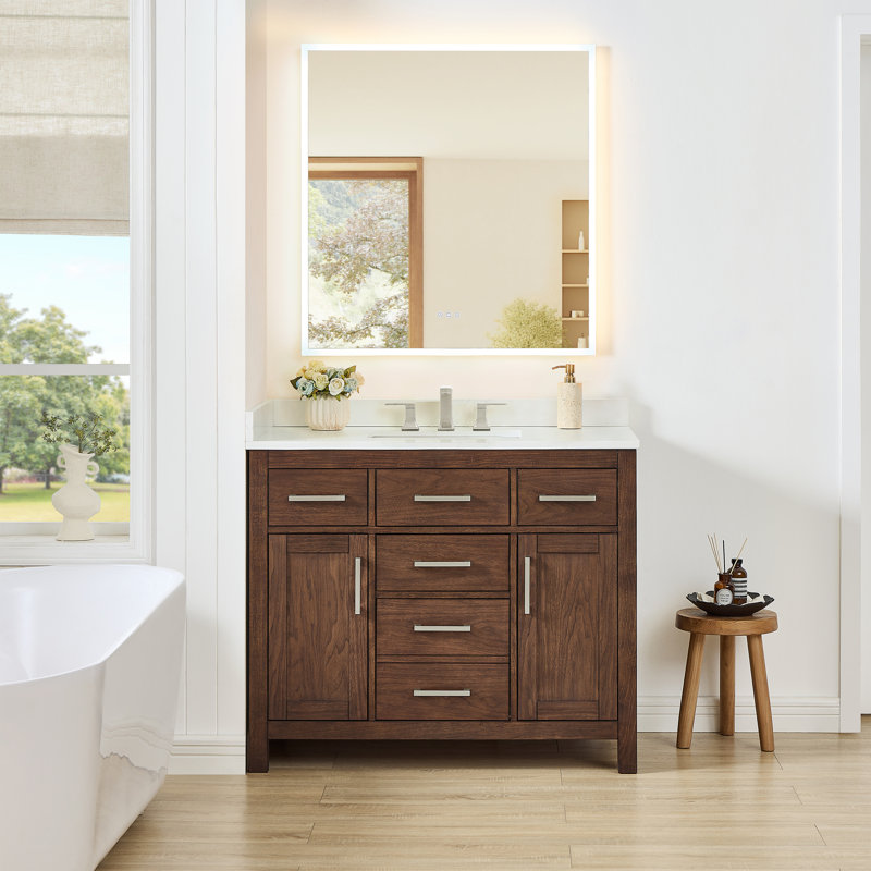 Beckett 42" Freestanding Single Bathroom Vanity with Quartz Top, Whitewashed Oak, Matte Black, White Quartz
