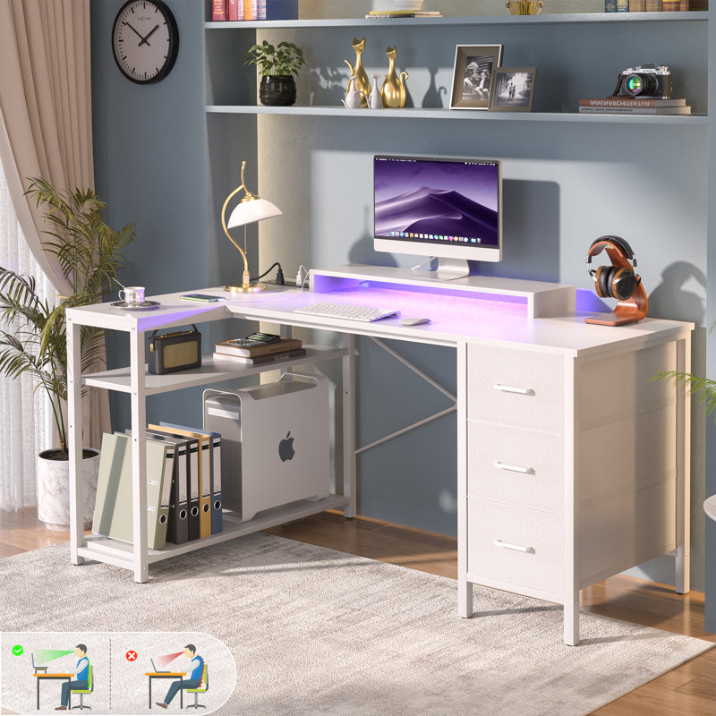 Reversible L-Shaped Computer Desk with Lavell Outlets, Blanc
