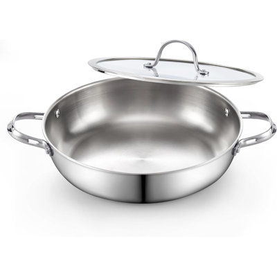 Cooks Standard Multi-Ply Clad 12-Inch Stainless Steel Wok Stir Fry Pan with Glass Lid, Large Stainless Steel Deep Frying Pan, Everyday Chef's Pan Flat Bottom Wok Induction Cookware