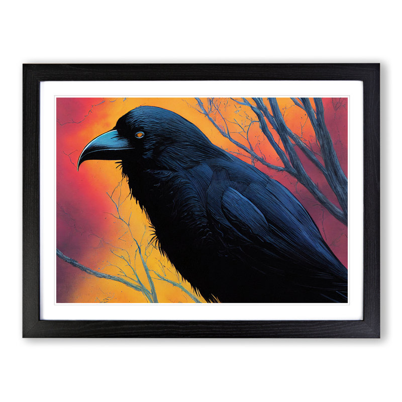 Beaming Raven Bird - Single Picture Frame Print, 25cm H x 34cm W x 2cm D, Black