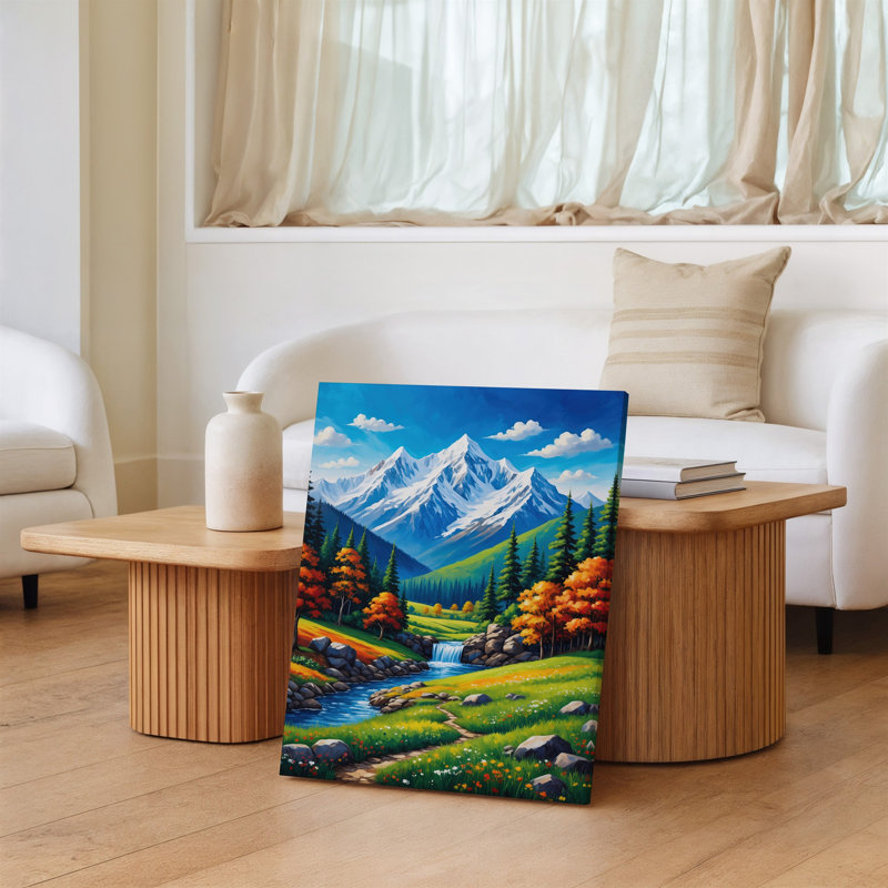 Toile, "Un paysage stylisé éclatant avec majestueuses montagnes enneigées sous un art mural", un ciel bleu vif avec des nuages blancs moelleux
