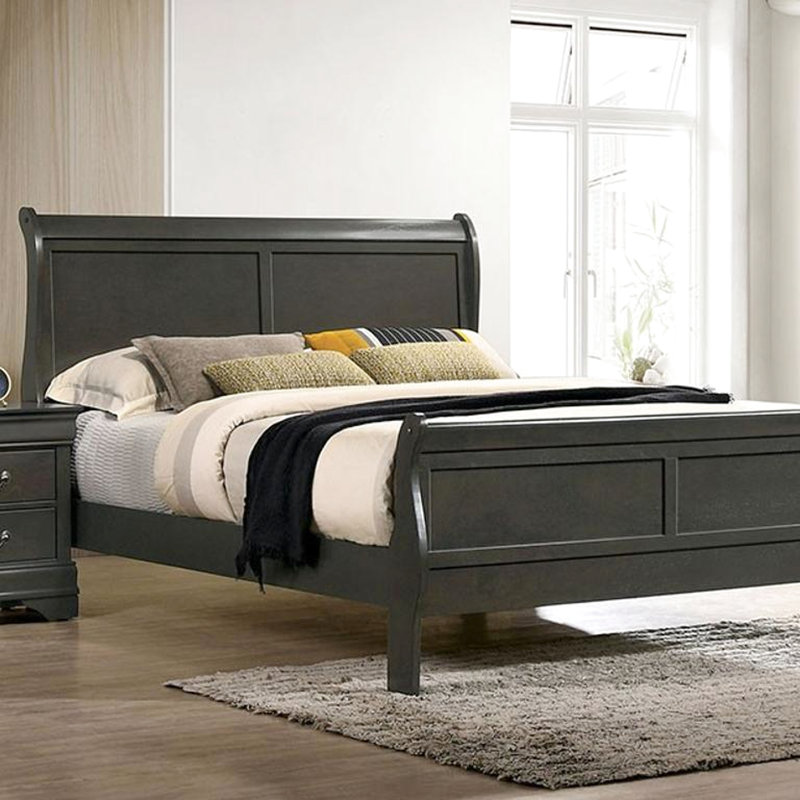 Lit en bois massif gris, lit double, produit essentiel pour la chambre à coucher, lit double, Gris, Lit double