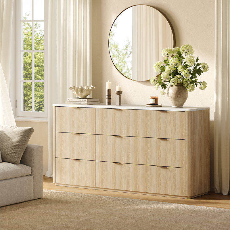 Corentin 63" Wide Dresser 9 Drawers With Storage Modern Faux Travertine Wood Chest For Bedroom Living Room, Beige/Natural Oak