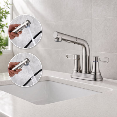 2-Handle 4-Inch Centerset Bathroom Faucet with 20" Pull-Out Sprayer, 2 Spray Settings
