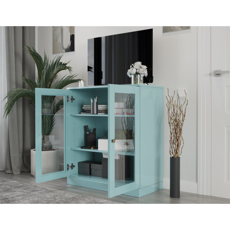 Meuble télé 100% bois massif, console de 32 po de largeur avec portes en verre et rangement, Turquoise