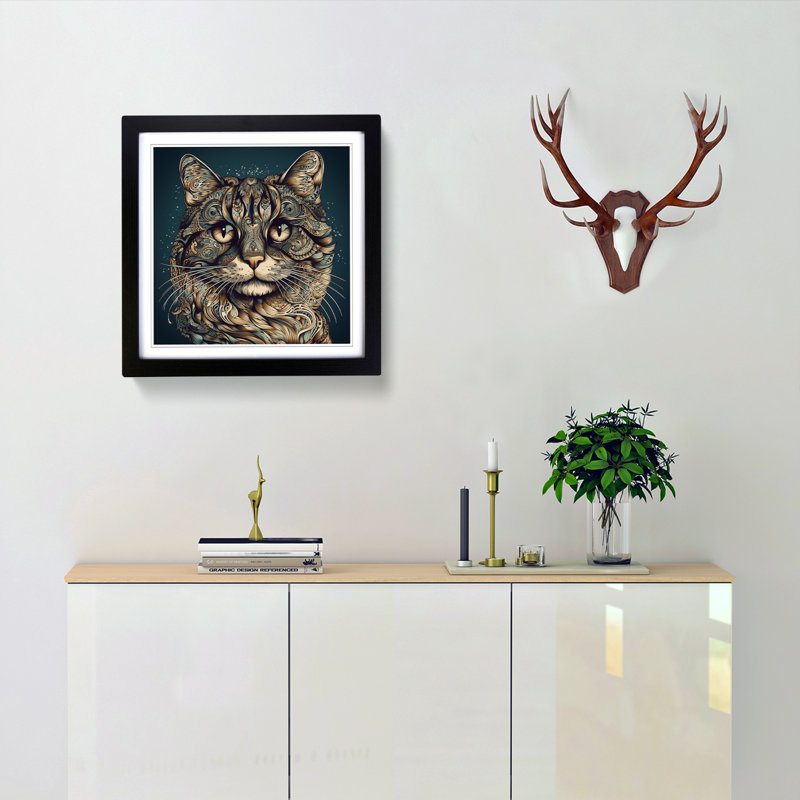 Cat Graphic Art - Single Picture Frame Print on Wood, Black