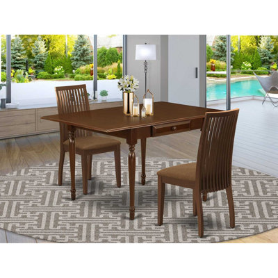 3 Piece Dining Room Set Contains a Rectangle Kitchen Table with Dropleaf and 2 Linen Fabric Upholstered Dining Chairs, Mahogany