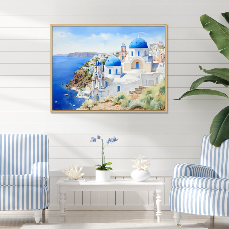 «Blue and White Greek Isles Village III - Grèce», art mural, Cadre flottant brun, H 24 po x l 32 po x P 1 po