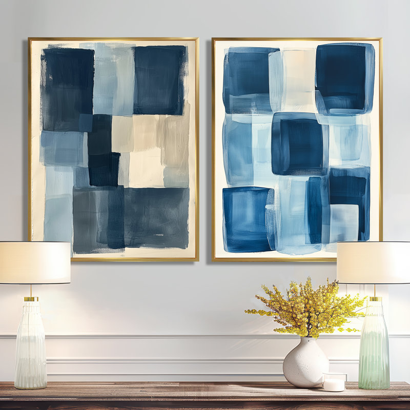 Carrés indigo superposés I - Ensemble de 2 tableaux géométriques abstraits, 32" H x 48" W, Gold Floater Framed