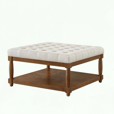 Large Square Ottoman with Solid Wood Shelf