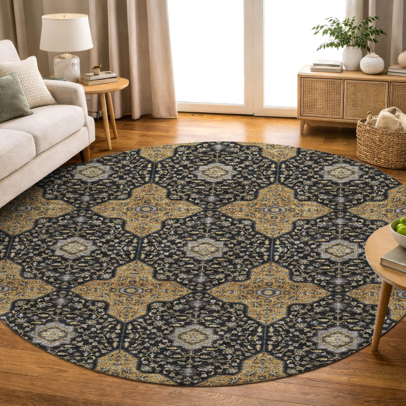 Premium Machine Washable Mayfield AMF2410 Oriental Rug, 8' Round, Black
