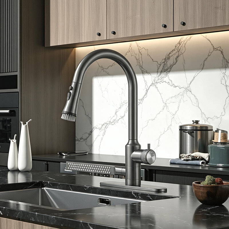Pull-Down Kitchen Faucet With Side Sprayer & Built-In Cleaning Brush, 3 Spray Modes High-Arc Sink Faucet, Gun Gray