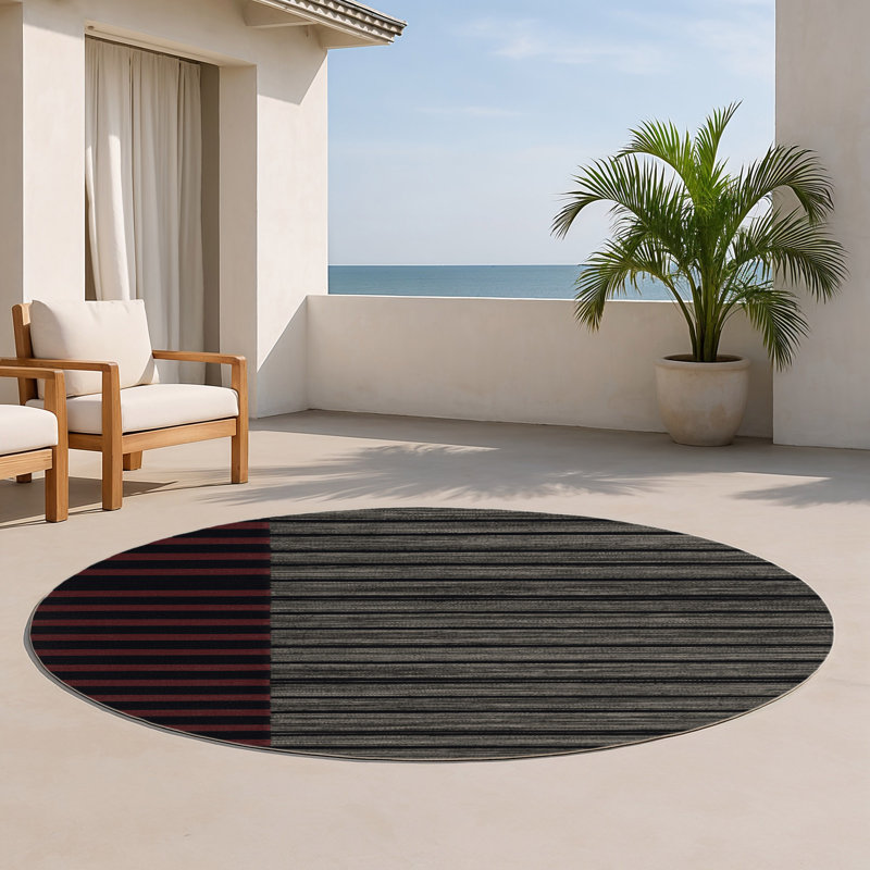 Tapis intérieur / extérieur brun HorizontalStripes, Rond 5 pi