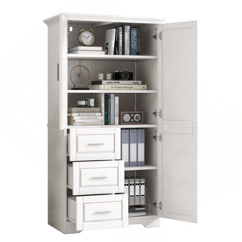 Tall And Wide Storage Cabinet With 3 Drawers & Doors For Bathroom/Office, White