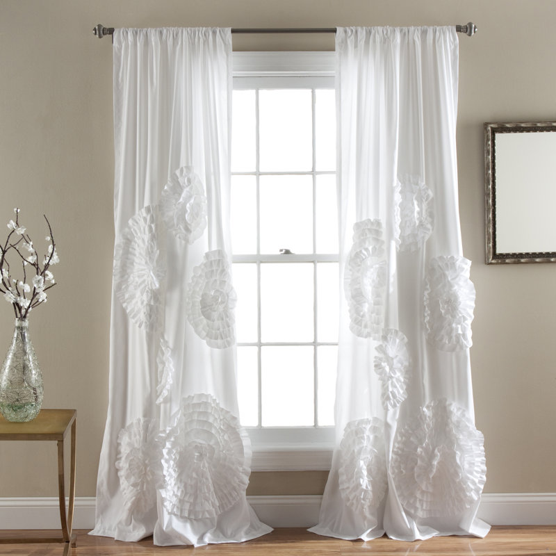 White Sheer Polyester Rod Pocket Curtain Panel with Ruffled Flowers