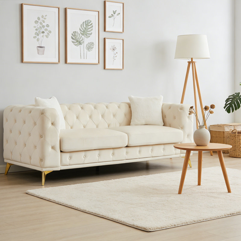 Canapé confortable en velours 3 places avec pieds en métal doré et 2 coussins, Beige