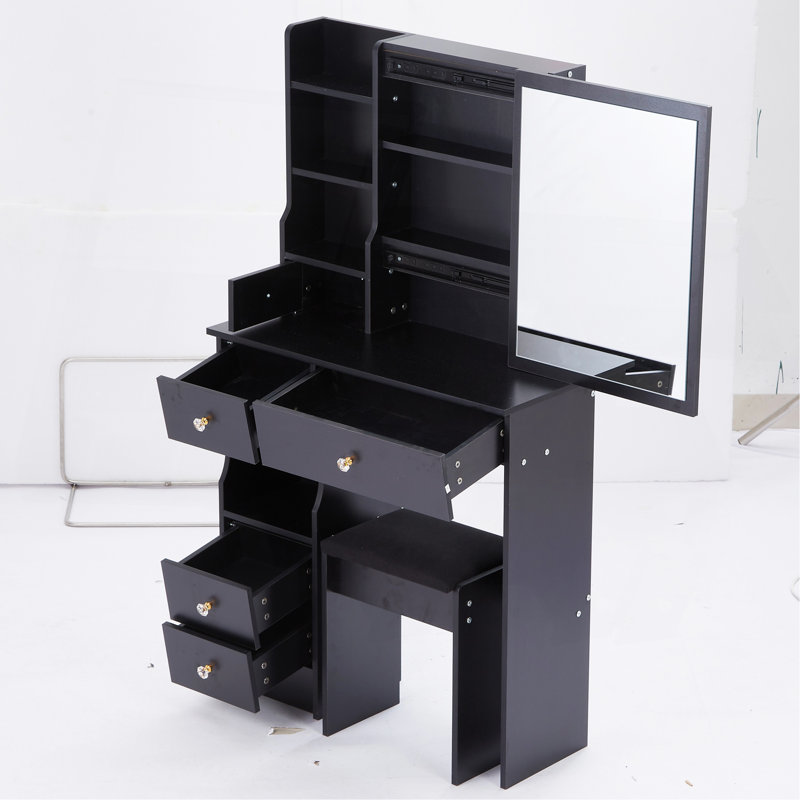 Petit meuble-lavabo de 29,2 po avec tabouret de bureau et tabouret rembourré, très grand miroir coulissant à droite, rangement multi-couches à grande capacité, commode pratique et pratique, convient aux petits espaces