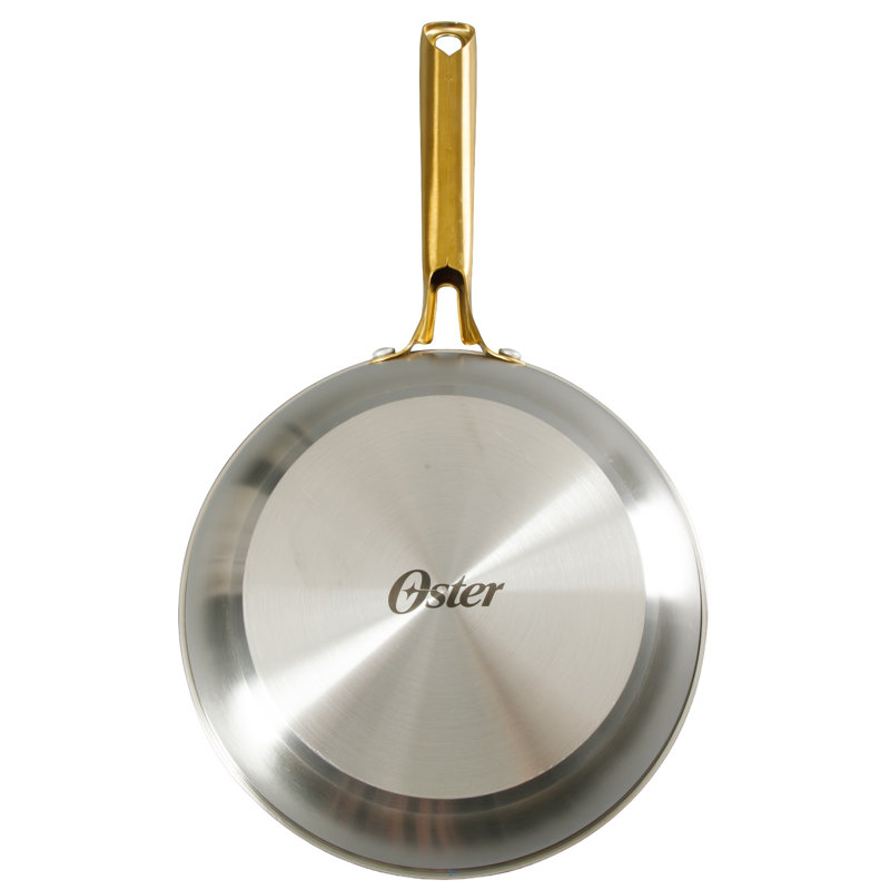 Ensemble de casseroles et poêles Oster Platinum Sunstreak, ensemble de batterie de cuisine en acier inoxydable 10 pièces avec couvercle en verre et poignées dorées, ensemble de batterie de cuisine à induction