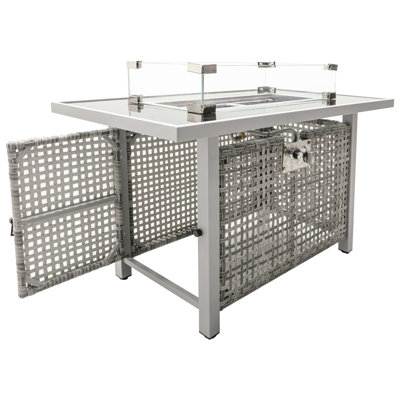 43" Rectangular Grey Open Weave Propane Fire Pit Table, 60000 , With Bohemian Style, Blue Glass Stones, And Tempered Wind Guard For Patio Relaxation Gas Design, Removable Lid, Garden Fun