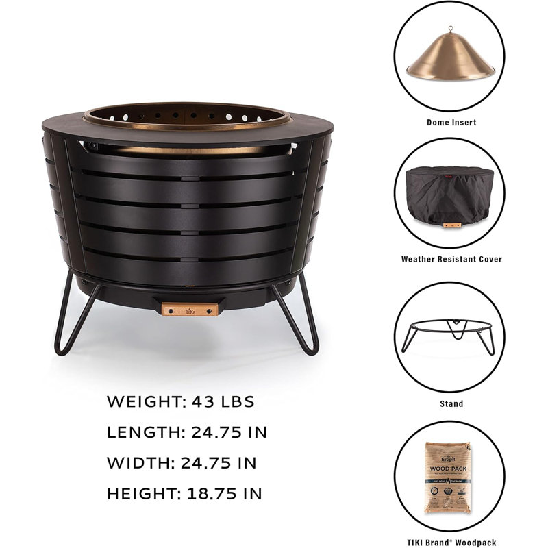 Brand Smokeless 25 in. Patio Fire Pit, Wood Burning Outdoor Fire Pit - Includes Wood Pack, Modern Design with Removable Ash Pan and Weather Resistant Cover, Black