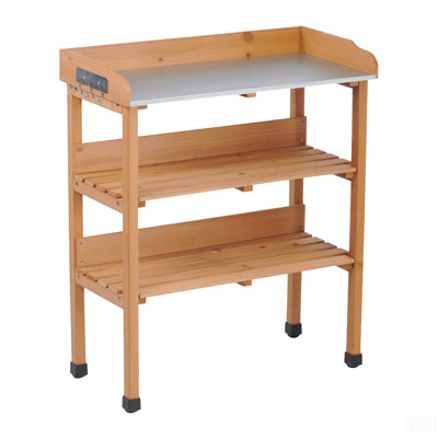 30″X14.5″×35.5″ Potting Table W/Metal Tabletop, 3 Layers Outdoor Work Bench W/Hook For Garden, Solid Wood Workstation