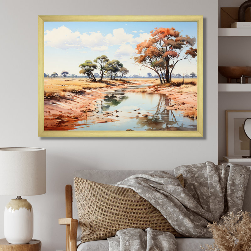 Paysage africain beige et vert sur toile, H 16 po x l 32 po x P 1 po, Cadre doré à une seule photo