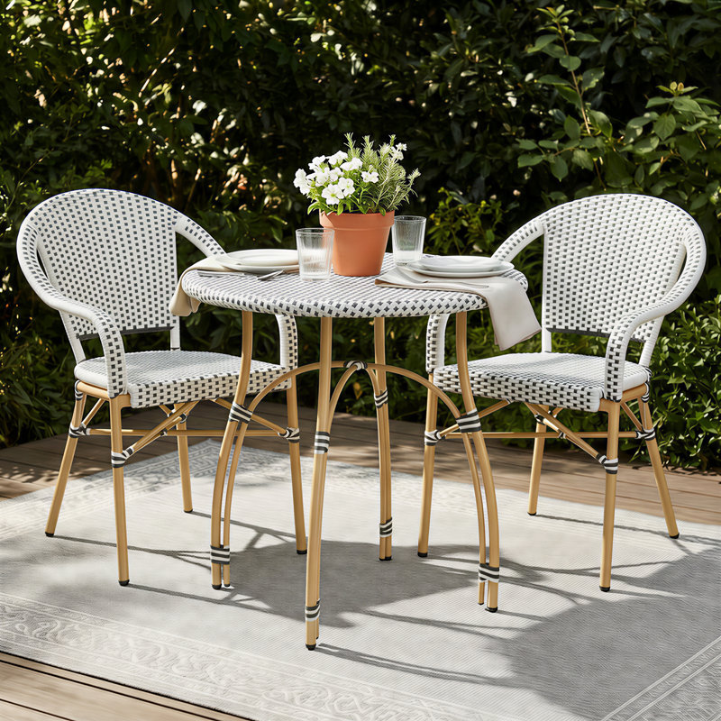 Altesa All Weather Indoor/Outdoor Commercial Patio Dining Sets With Rattan Round Table And Armrest Stacking Chairs, Black, 2