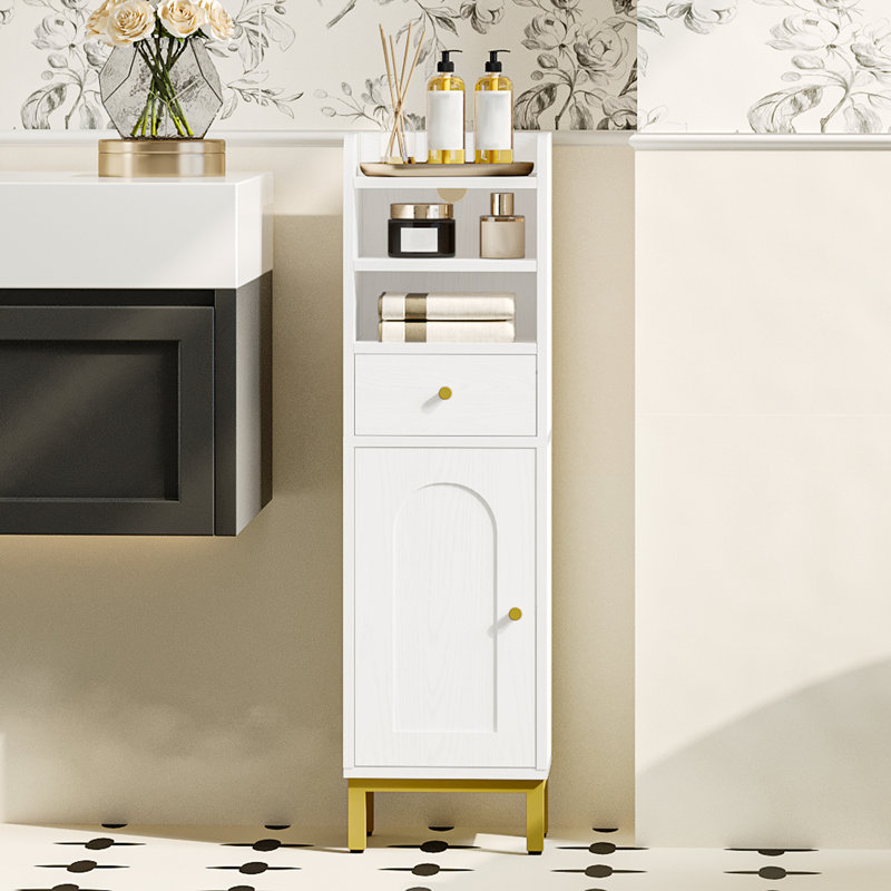 Bathroom Storage Cabinet, Corner Floor Cabinet with Drawers and Doors, Narrow Toilet Paper Holder, Bathroom Organizer with Adjustable Shelf, for Small Spaces, White