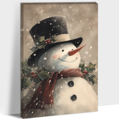 Art mural d'hiver - bonhomme de neige, décoration murale photos de Noël, estampes rétro des Fêtes pour le salon, peinture d'hiver festive pour la décoration murale de la maison, œuvre d'art sur toile tendue, 12 po x 16 po