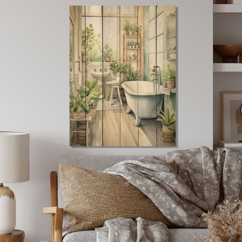 «Bathroom Botanical Dream II» - Impression sur bois de pin naturel pour salle de bain, H 32 po x l 24 po x P 0,78 po
