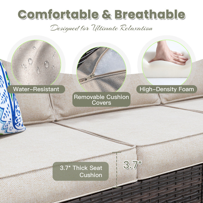 Canapé de patio en rotin 3 personnes avec coussins PE, Beige