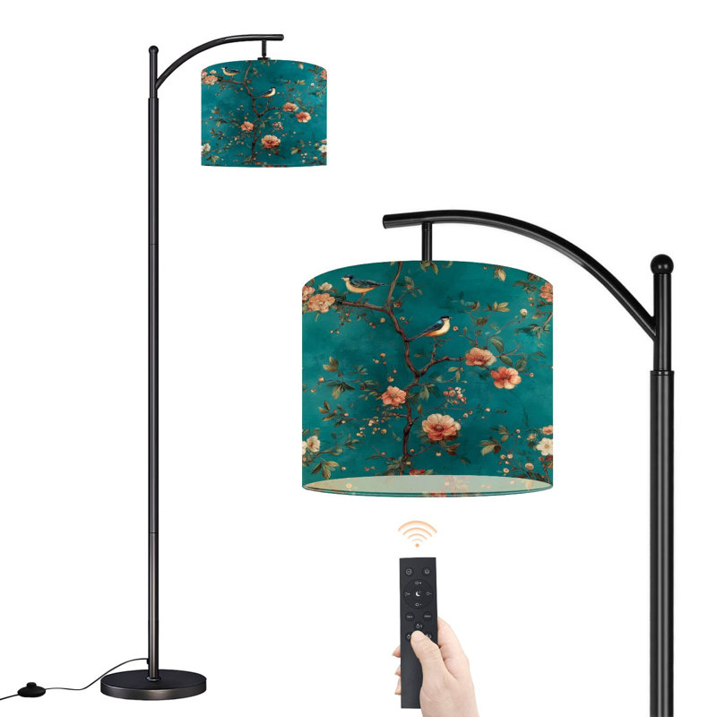 Lampe sur pied à arc avec abat-jour réglable Bluebirds Floral Branches Teal