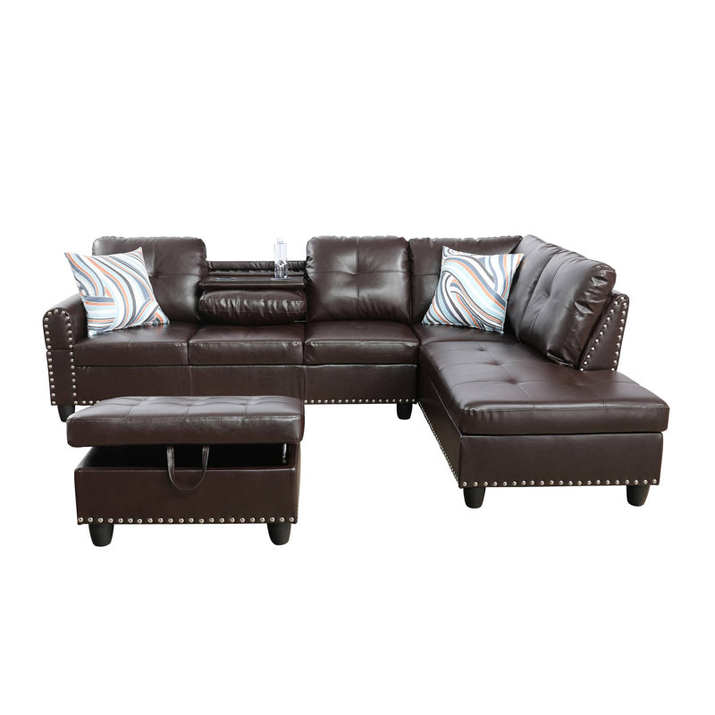 Morgynn Faux Leather L-Shaped Sectional, Brown Faux Leather, Right Hand Facing