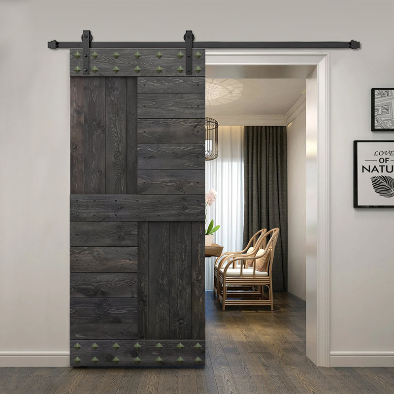 Porte de grange à panneaux en bois avec kit de quincaillerie d'installation et Clavos, 24 po x 84 po, Noir anthracite